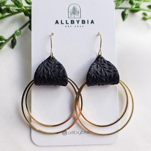 The Candice| Black polymer clay earring, Black vine texture clay earring, Black and gold clay earring, lightweight earring, gift for her