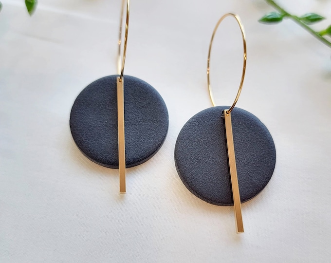 Black Polymer clay statement earrings lightweight handmade everyday jewelry for women birthday gift ideas for wife girlfriend or sister