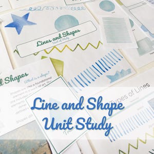 May include: A collection of educational printables for a "Lines and Shapes Unit Study". The pages feature watercolor illustrations of geometric shapes and lines, with text such as "Types of Lines" and "What is a shape?"