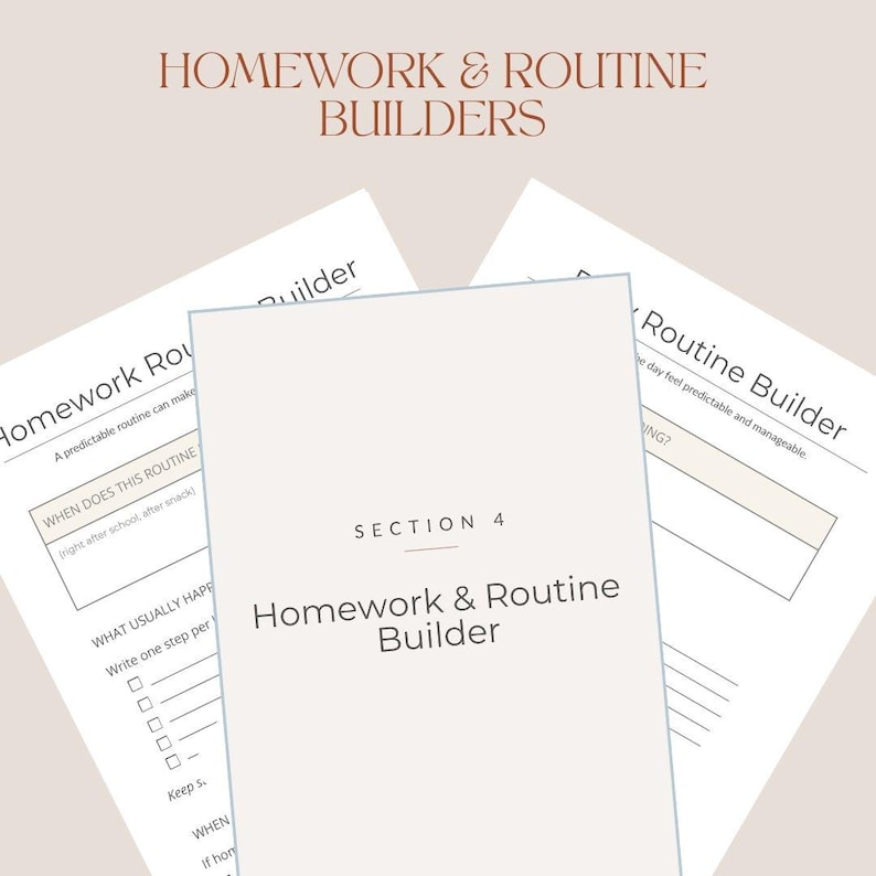 以下が含まれることがあります： 「Homework & Routine Builder」と「Section 4」の文字が入ったオフホワイトの紙。画像上部には、茶色のセリフ体で「Homework & Routine Builders」と書かれています。シートには記入欄があります。