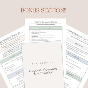 以下が含まれることがあります： 柔らかい茶色のフォントで「Bonus Section!!」というタイトルが付いた印刷されたガイドのコレクション。ガイドは、「Fading Rewards」や「Optional Rewards & Motivation」などのトピックを扱い、箇条書きと見出しがミニマリストデザインになっています。