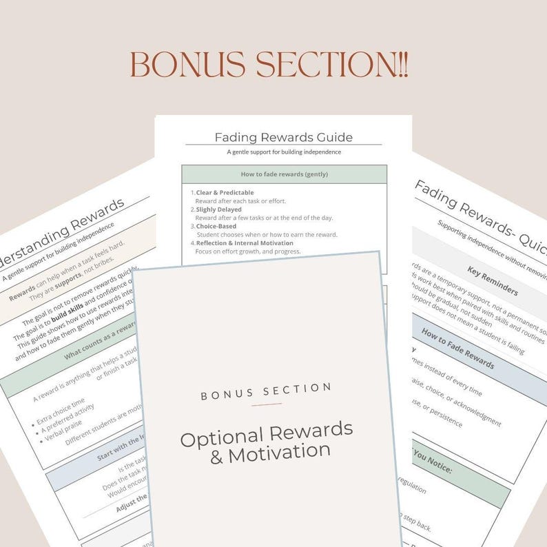 以下が含まれることがあります： 柔らかい茶色のフォントで「Bonus Section!!」というタイトルが付いた印刷されたガイドのコレクション。ガイドは、「Fading Rewards」や「Optional Rewards & Motivation」などのトピックを扱い、箇条書きと見出しがミニマリストデザインになっています。