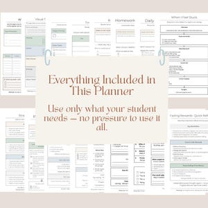 以下が含まれることがあります： 日々の、週ごとの、長期的な計画のためのさまざまなセクションがあるプランナー。ページには、優先事項、宿題、日課のセクションが含まれています。プランナーのテキストは「Everything Included in This Planner」と「Use only what your student needs」と書かれています。