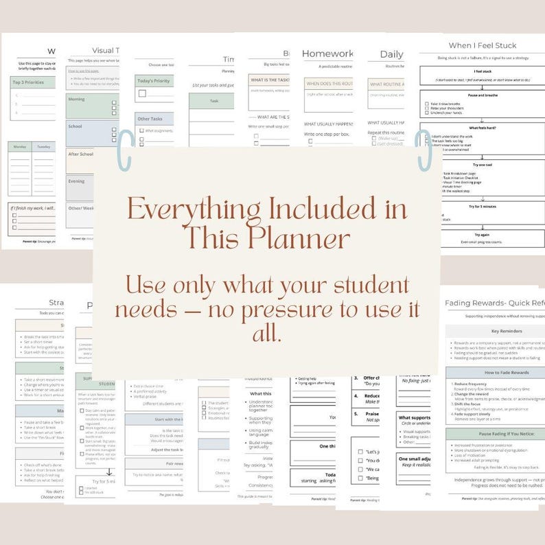 以下が含まれることがあります： 日々の、週ごとの、長期的な計画のためのさまざまなセクションがあるプランナー。ページには、優先事項、宿題、日課のセクションが含まれています。プランナーのテキストは「Everything Included in This Planner」と「Use only what your student needs」と書かれています。