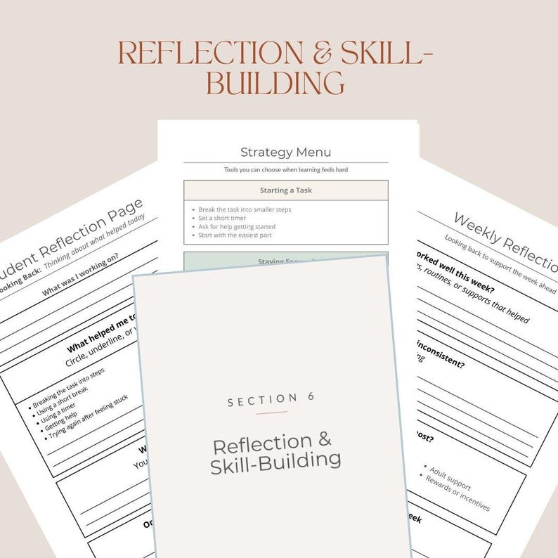 以下が含まれることがあります： 「Reflection & Skill-Building」と題されたワークシートのコレクション。自己反省、戦略メニュー、週ごとのレビューのプロンプトが含まれています。デザインはミニマリストで、ニュートラルなカラーパレットとクリアで読みやすいテキストを使用しています。