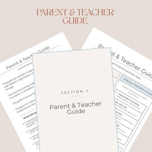 以下が含まれることがあります： 白地の「Parent & Teacher Guide」の書類の束。ガイドの表紙は白で、タイトルは茶色のセリフ体フォントです。このガイドには、子供たちがより良い習慣を身につけるためのヒントが含まれています。