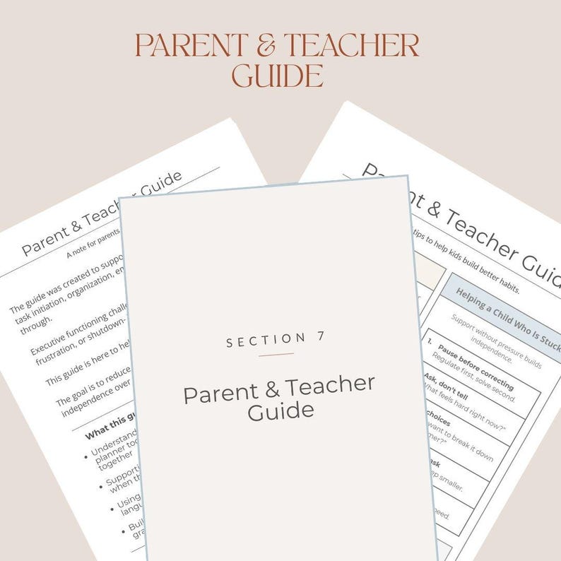 以下が含まれることがあります： 白地の「Parent & Teacher Guide」の書類の束。ガイドの表紙は白で、タイトルは茶色のセリフ体フォントです。このガイドには、子供たちがより良い習慣を身につけるためのヒントが含まれています。