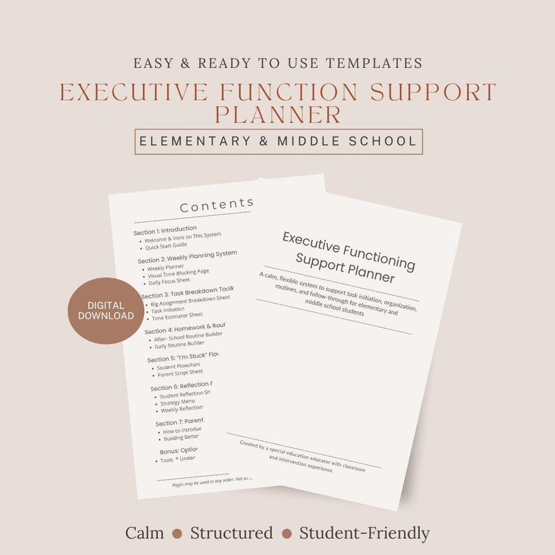 以下が含まれることがあります： 小学校と中学校の生徒向けのデジタルダウンロードプランナー。プランナーには、週ごとの計画、タスクの分解、宿題、および反省に関するセクションが含まれています。プランナーのテキストは「Executive Functioning Support Planner」と書かれています。