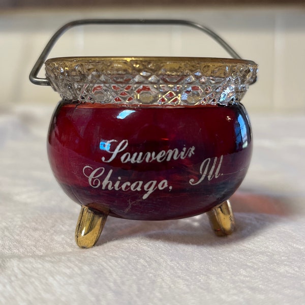Ruby Red EAPP, Early American Pressed Glass footed souvenir toothpick holder