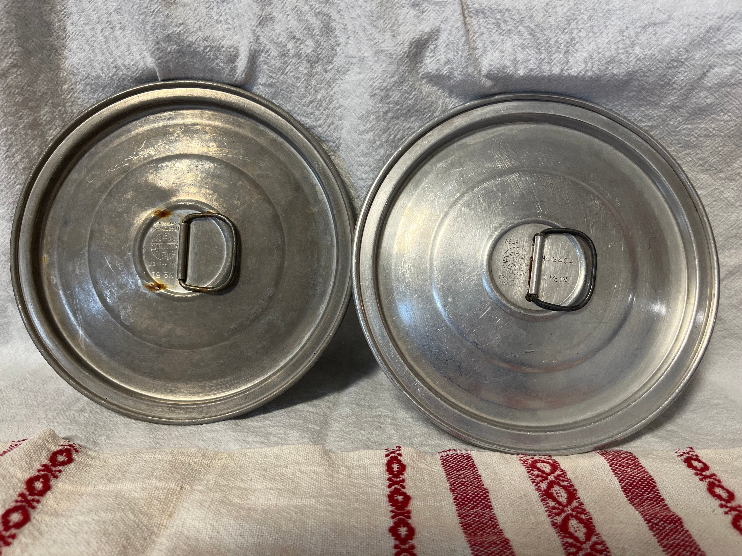 2 Vintage Aluminum Safety Ring Pot Covers Wear Ever No 3404 and
