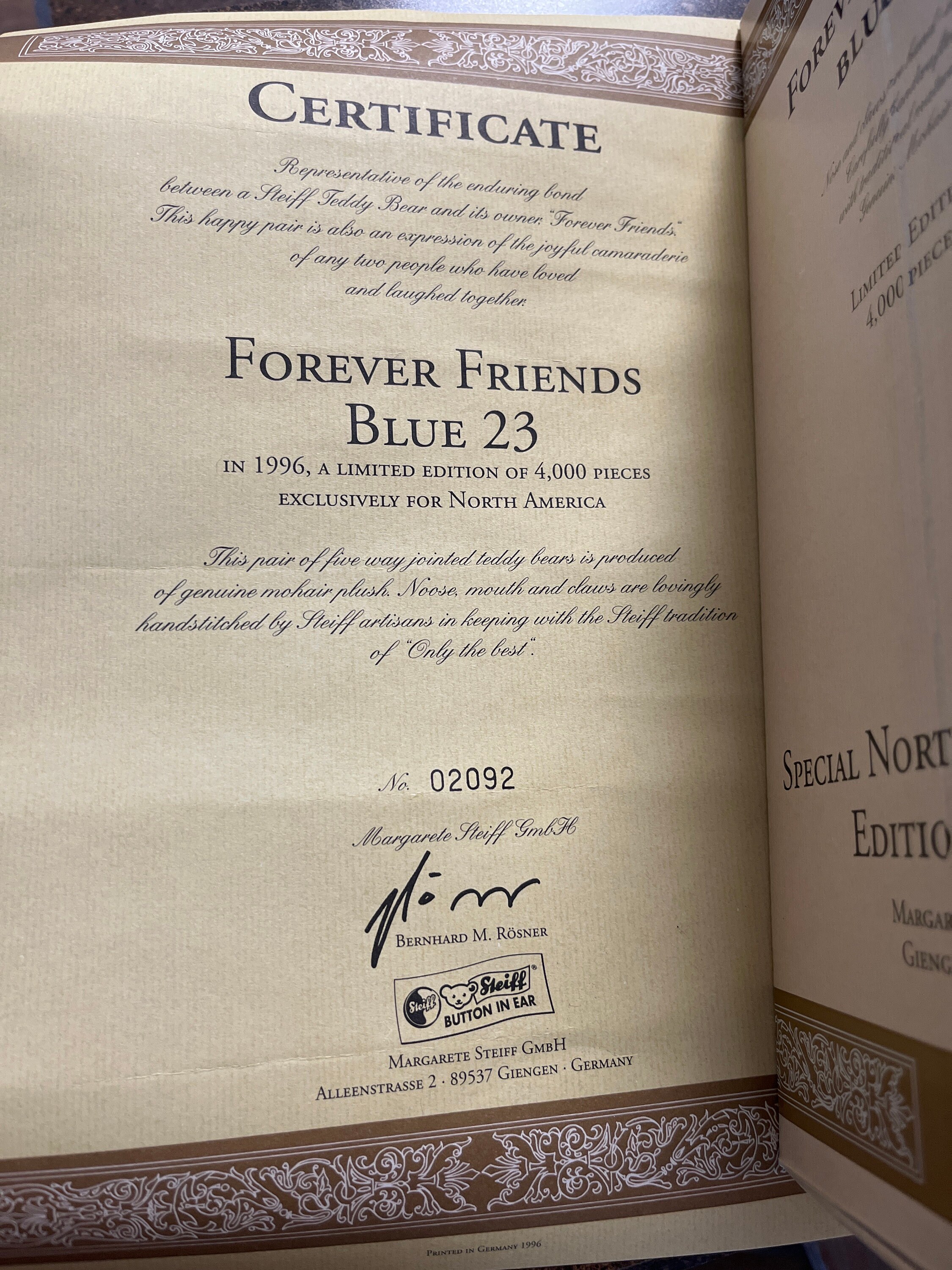 Vintage 1996 Steiff Limited Edition Forever Friends Blue 23 Bears 