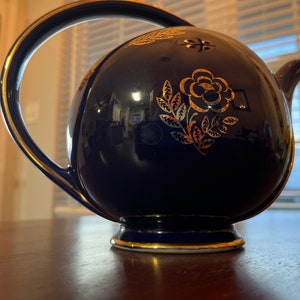 Hall Cobalt Blue 1940 Airflow Tilted Ball Shape Art Deco Style Teapot