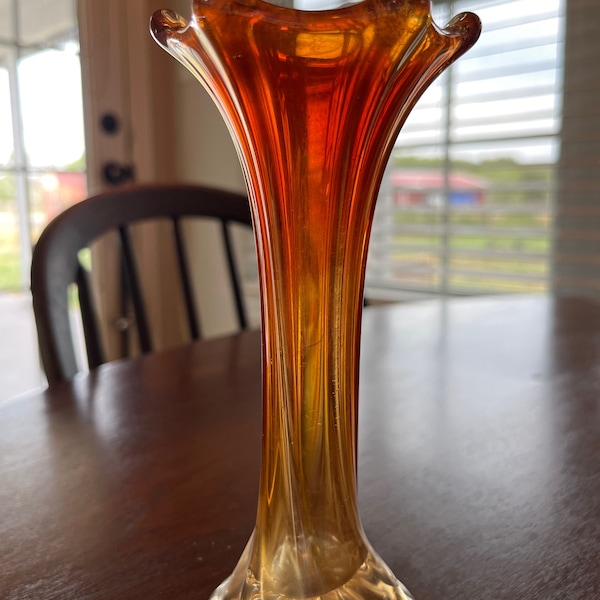 Imperial Marigold Morning Glory Carnival Glass 6 peaked Swung Vase