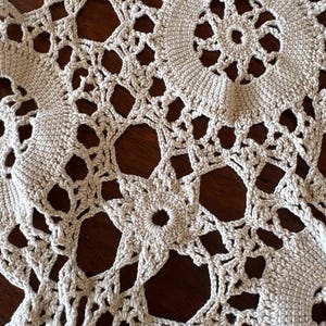May include: Close-up of a cream-colored, handmade crochet doily. The intricate design features repeating circular and star-shaped patterns with openwork details. The doily is made of a soft, textured yarn.