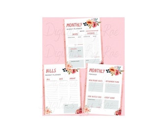 May include: Three white budget planner sheets with floral accents in pink, orange, and dark red. The pages feature headers including Monthly Budget Planner, Bills Budget Planner, and Monthly Tracker with sections for income, expenses, and savings.