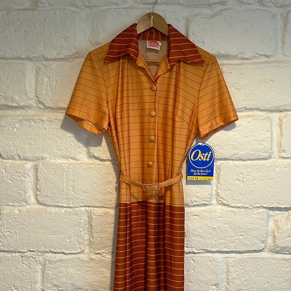vintage osti dress 1970's fashion honeycomb orange brown stripes striped dress 70's dress cocktail dress party dress