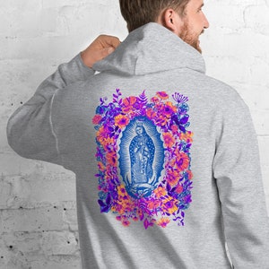 Our Lady of Guadalupe Cotton Hoodie, Baritus Catholic Wildflower Pullover, Virgen de Guadalupe Hoodie, Streetwear Catholic Gifts