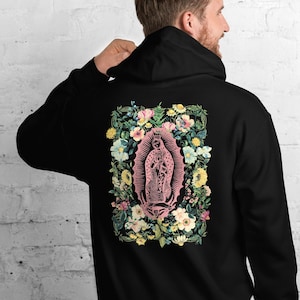 Baritus Catholic Cotton Hoodie Pullover, Our Lady of Guadalupe Wildflower Hoodie, Virgen de Guadalupe Hoodie, Streetwear Catholic Gifts