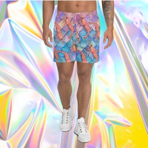 Fun Men&#39;s Rave Clothing, Festival of Shrimp Athletic Shorts Recycled Polyester Shorts with Pockets, Plus Size Rave Wear,