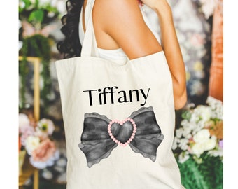 100% Cotton Tote Bag, Bow Name Tote, Customizable Everyday Totebag, Farmers Tote, Coquette Aesthetic Feminine Tote, Shopping Grocery Bag