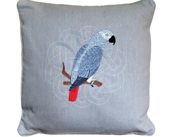 Celtic African Grey Parrot Embroidered Pillow