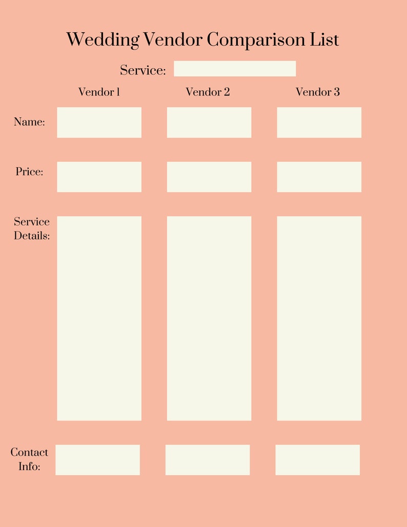 Wedding Vendor Notes.pdf Wedding Vendor Comparison List, Wedding Planning Template, Printable ...