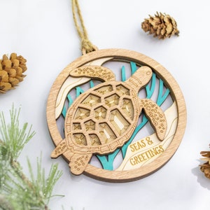 Sea turtle christmas tree ornament, coastal christmas decorations, Seas and Greetings ornament, sea life laser cut ornament