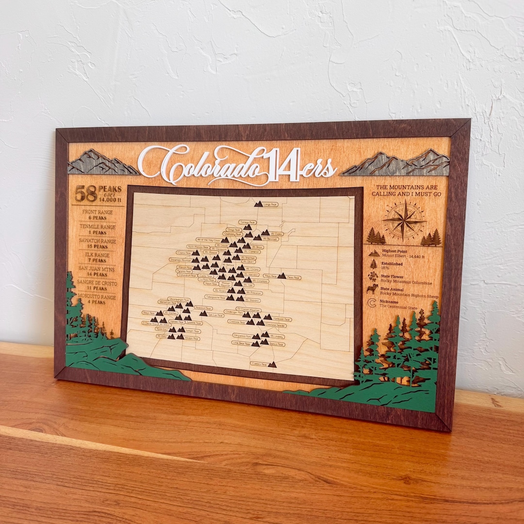 Colorado 14ers Tracker Map Personalized | Wooden Mountain Peak ...