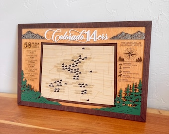 Colorado 14ers Tracker Map Personalized | Wooden Mountain Peak Adventure Map | Colorado Hiking Gift for Couples & Families