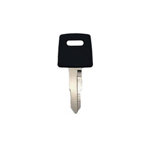 May include: A black car key with a rectangular head and a silver blade. The key has a small rectangular hole in the head. The key is designed for automotive use.