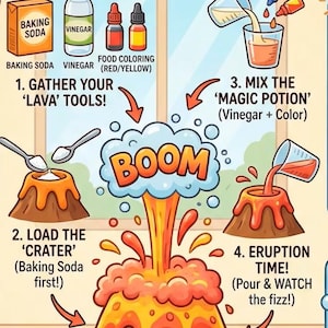 Può includere: Guida illustrata per un esperimento scientifico sul vulcano. Include immagini di bicarbonato di sodio, aceto e colorante alimentare. I passaggi mostrano come mescolare gli ingredienti per creare un'eruzione vulcanica. Il testo include "Raccogli i tuoi strumenti 'lava'!"