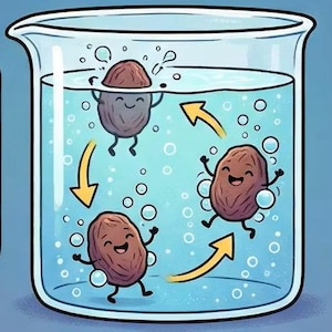 以下が含まれることがあります： 漫画のイラストは、水で満たされたガラスビーカーの中に、3つの笑顔の茶色の豆の形をしたキャラクターを描いています。キャラクターは泡と黄色の矢印に囲まれ、サイクルを表しています。ビーカーは水色の背景に設定されています。