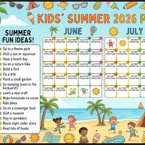 Puede incluir: Un calendario de planificación de verano colorido para niños, con el texto "KIDS' SUMMER 2026 PLAN" y "SUMMER FUN IDEAS!" e ilustraciones de actividades de verano como visitar un zoológico, acampar y jugar en aspersores.