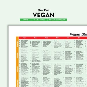 Plan de alimentación vegano imprimible / PDF a color / Ideas fáciles de comidas semanales basadas en plantas para una alimentación saludable y energética / Guía de nutrición basada en plantas