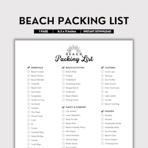 Beach Packing List | B&W PDF |  Vacation Essentials and Checklist | Printable Summer Travel Planner | Digital Download