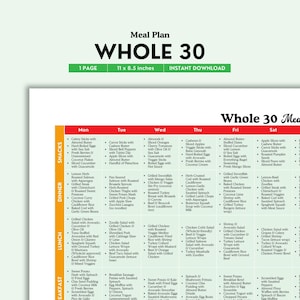 May include: A printable meal plan for the Whole30 diet. The plan includes a daily breakdown of breakfast, lunch, dinner, and snacks for a week. The meals are all Whole30 compliant, meaning they are free of grains, dairy, legumes, and refined sugar.