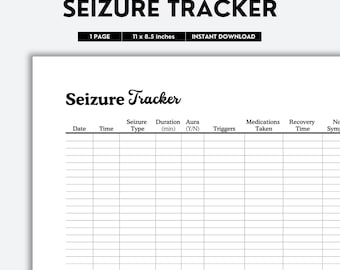 Seizure Tracker, Epilepsy Tracker, Seizure Log, Health Tracker, Epilepsy Awareness, Printable Seizure, Epilepsy Log, Health Log, PDF File
