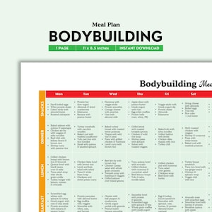 Bodybuilding Meal Plan Printable | Color PDF | High-Protein Meal Ideas for Muscle Gain, Strength & Fitness | Weekly Plan | Digital Download