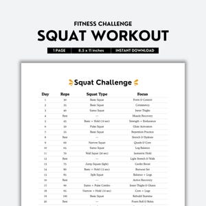 Squat Challenge, 30 Day Challenge, Fitness Challenge, Home Workout, Weight Loss , Workout Challenge, Workout Routine, Active Lifestyle, PDF