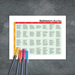 May include: A green and white weekly meal plan titled "Hashimoto's Meal Plan" with a list of breakfast, lunch, dinner, and snack options for each day of the week. The meal plan includes a variety of healthy and nutritious foods.