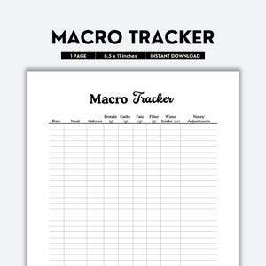 Macro Tracker Printable | B&W PDF | Easy Daily Sheet to Track Protein, Carbs, Fats, Fiber | Nutrition Tracker for Meal Planning