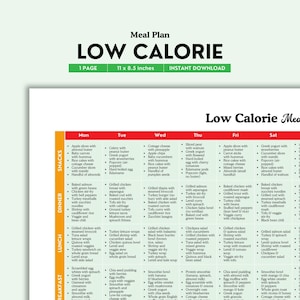 Low Calorie Meal Plan Printable | Color PDF | Easy Meal Ideas for Weight Loss, Portion Control and Clean Eating | Weekly Plan