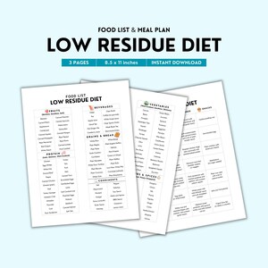 Low Residue Diet Food List & Meal Plan Printable | Color PDF | Easy Low-Fiber Meals and Foods To Eat | Weekly Plan | Digital Download