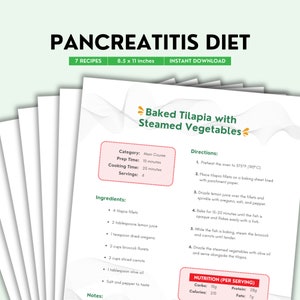 Dieetrecepten pancreatitis, vetarme recepten, gezonde spijsvertering, pancreasvriendelijke maaltijden, gezond eten, zachte voeding, maaltijdplanning, pdf-bestand