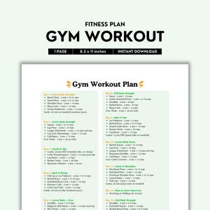 Può includere: Un piano di allenamento in palestra stampabile con un design a foglia verde e gialla. Il piano include 12 giorni di allenamento, con ogni giorno incentrato su un diverso gruppo muscolare o tipo di esercizio. Il piano include esercizi come squat, stacchi, panca piana e cardio.