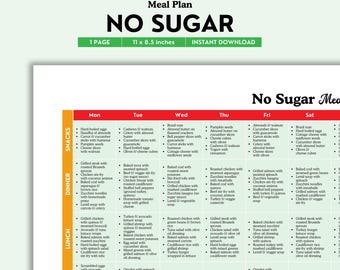 May include: A meal plan labelled "NO SUGAR" with a green banner. The plan includes a weekly menu with breakfast, lunch, dinner, and snack options. The plan is printed on A4 paper, measuring 27.9 x 21.6 cm.