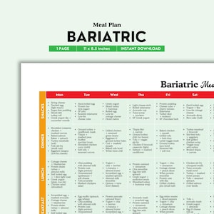 Bariatric Meal Plan Printable | Color PDF | Easy Weekly Post-Surgery Meals | Weight Loss Surgery Nutrition Guide | Digital Download