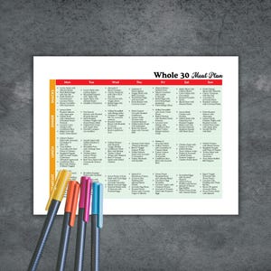 May include: A printable Whole 30 meal plan with a weekly schedule for breakfast, lunch, dinner, and snacks. The meal plan includes a variety of healthy and delicious recipes that are compliant with the Whole 30 diet.