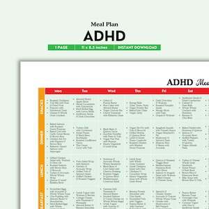 ADHD Meal Plan Printable | Color PDF | Simple, Focus Friendly Meal Ideas for Kids & Adults | Easy-to-Follow Daily Plan | Digital Download