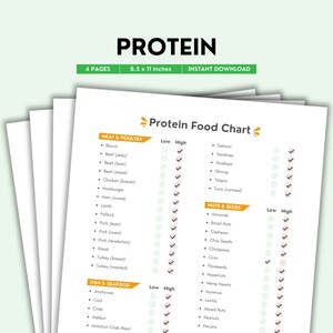 Protein Food Chart Printable | Color PDF | Easy Low & High Protein Foods Guide | Digital Download